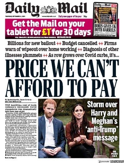 Daily Mail Newspaper Front Page (UK) for 24 September 2020