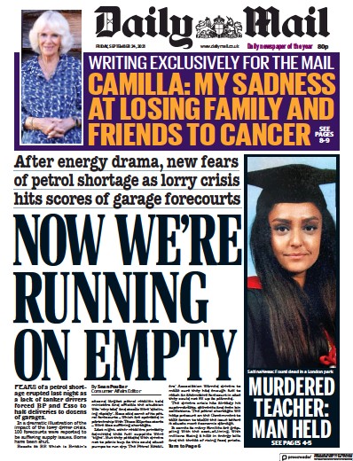 Daily Mail Newspaper Front Page (UK) for 24 September 2021
