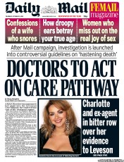 Daily Mail Newspaper Front Page (UK) for 25 October 2012