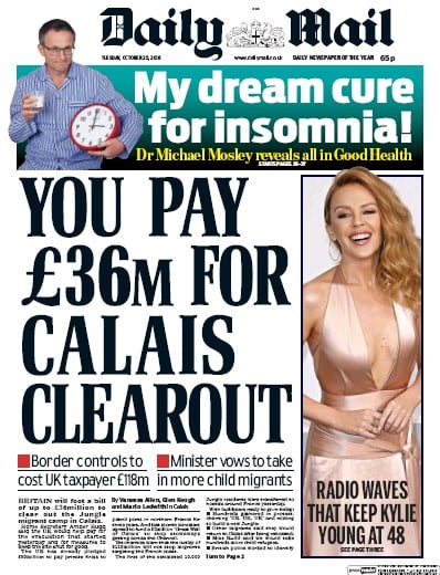 Daily Mail Newspaper Front Page (UK) for 25 October 2016