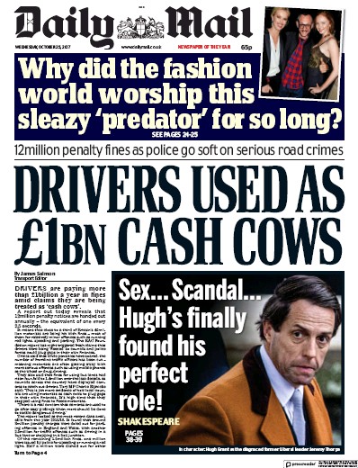 Daily Mail Newspaper Front Page (UK) for 25 October 2017