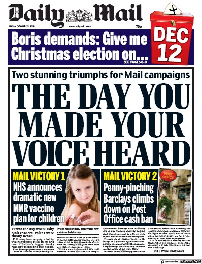 Daily Mail Newspaper Front Page (UK) for 25 October 2019