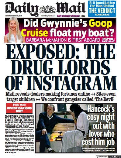 Daily Mail Newspaper Front Page (UK) for 25 October 2021
