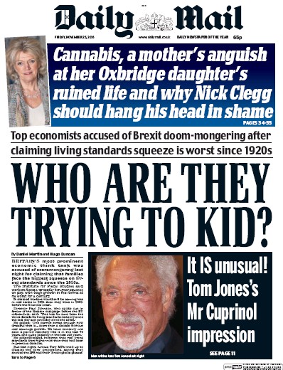 Daily Mail Newspaper Front Page (UK) for 25 November 2016