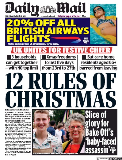 Daily Mail Newspaper Front Page (UK) for 25 November 2020