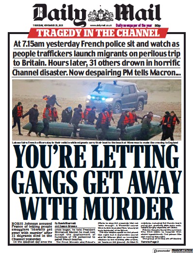 Daily Mail Newspaper Front Page (UK) for 25 November 2021