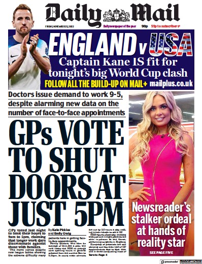 Daily Mail Newspaper Front Page (UK) for 25 November 2022