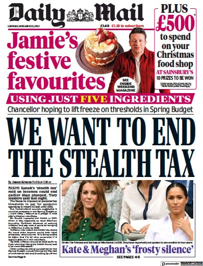 Daily Mail Newspaper Front Page (UK) for 25 November 2023