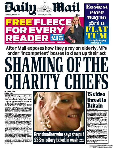 Daily Mail Newspaper Front Page (UK) for 25 January 2016