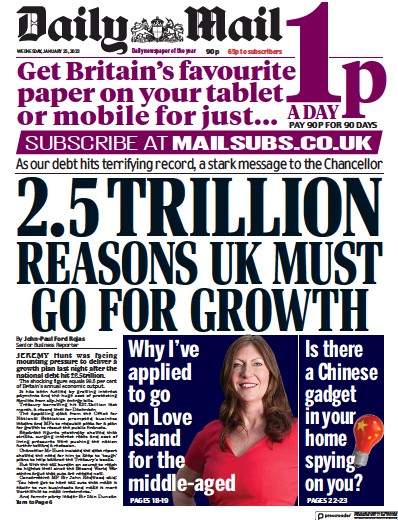 Daily Mail Newspaper Front Page (UK) for 25 January 2023