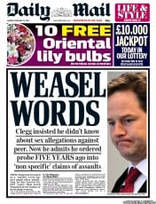 Daily Mail (UK) Newspaper Front Page for 25 February 2013