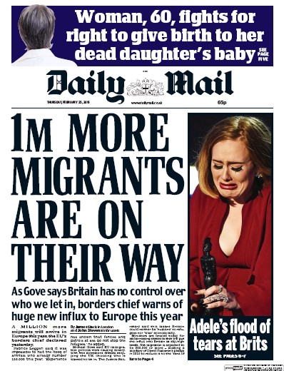 Daily Mail Newspaper Front Page (UK) for 25 February 2016