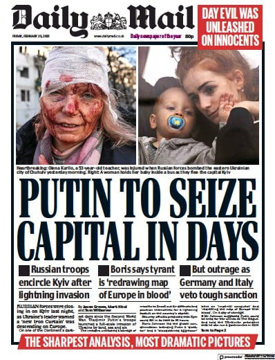 Daily Mail Newspaper Front Page (UK) for 25 February 2022