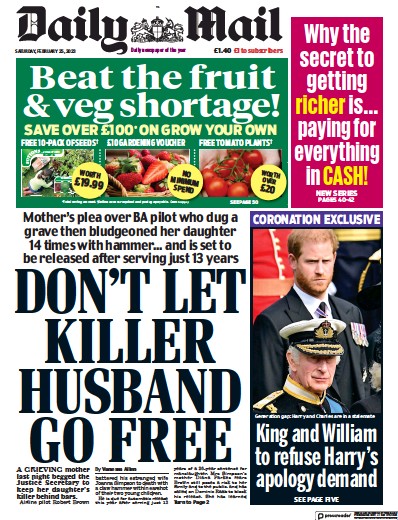 Daily Mail Newspaper Front Page (UK) for 25 February 2023
