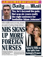 Daily Mail (UK) Newspaper Front Page for 25 March 2016