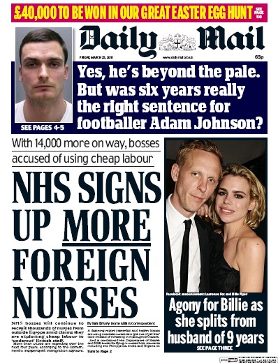 Daily Mail Newspaper Front Page (UK) for 25 March 2016