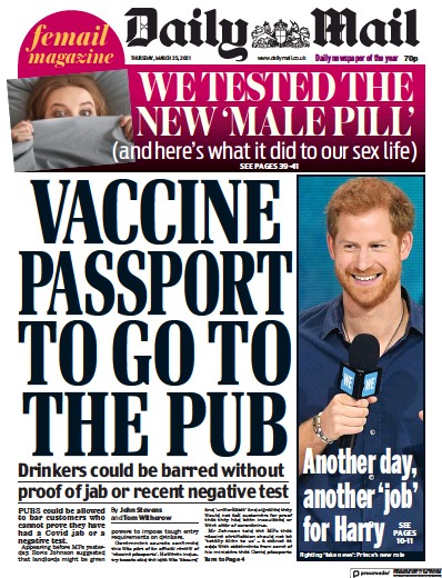 Daily Mail Newspaper Front Page (UK) for 25 March 2021