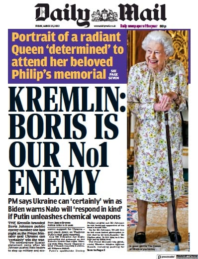 Daily Mail Newspaper Front Page (UK) for 25 March 2022