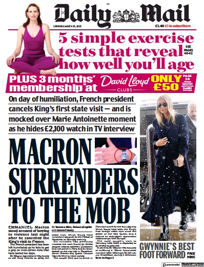 Daily Mail Newspaper Front Page (UK) for 25 March 2023