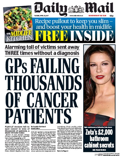 Daily Mail Newspaper Front Page (UK) for 25 April 2017