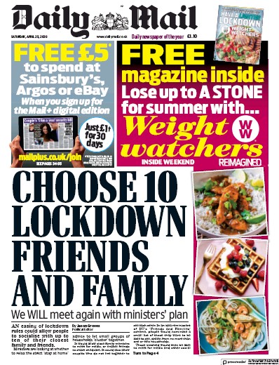 Daily Mail Newspaper Front Page (UK) for 25 April 2020