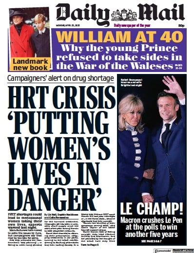 Daily Mail Newspaper Front Page (UK) for 25 April 2022