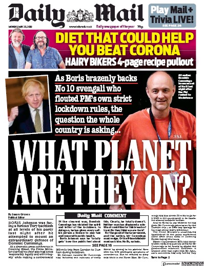 Daily Mail Newspaper Front Page (UK) for 25 May 2020