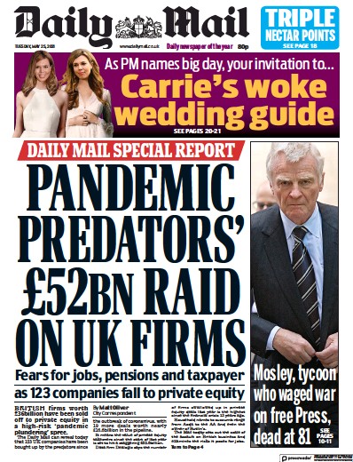 Daily Mail Newspaper Front Page (UK) for 25 May 2021