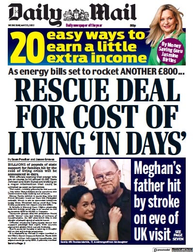 Daily Mail Newspaper Front Page (UK) for 25 May 2022