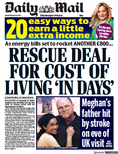 Daily Mail Newspaper Front Page (UK) for 25 May 2022