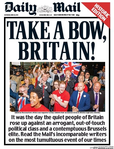 Daily Mail Newspaper Front Page (UK) for 25 June 2016