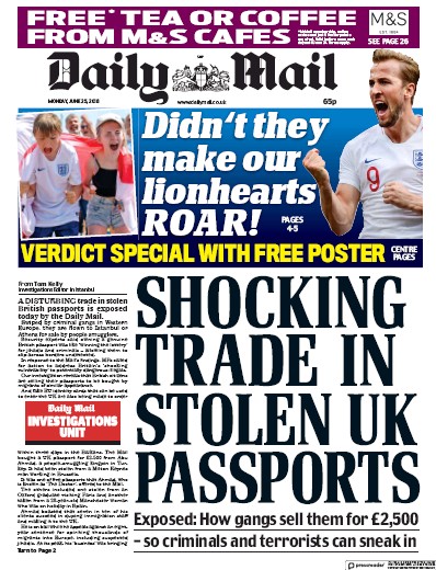 Daily Mail Newspaper Front Page (UK) for 25 June 2018