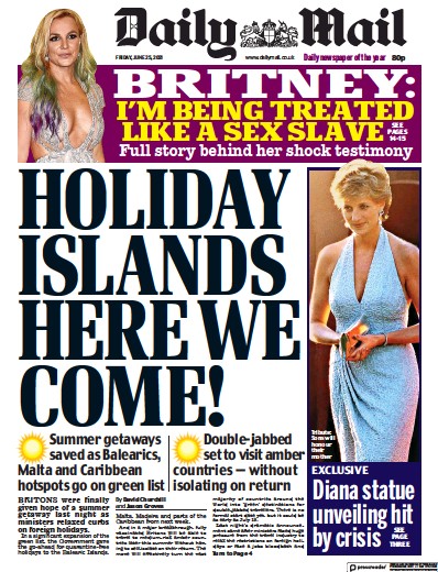 Daily Mail Newspaper Front Page (UK) for 25 June 2021