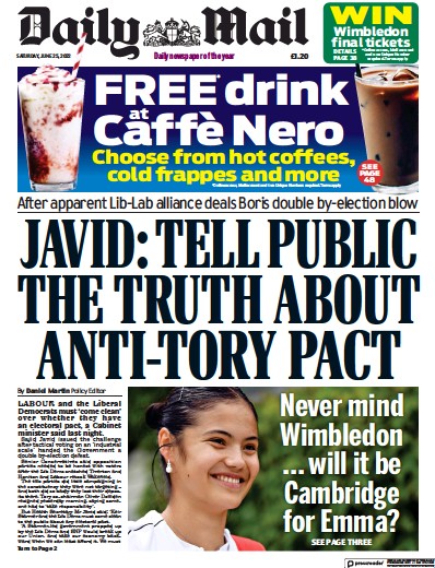 Daily Mail Newspaper Front Page (UK) for 25 June 2022
