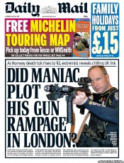 Daily Mail Newspaper Front Page (UK) for 25 July 2011