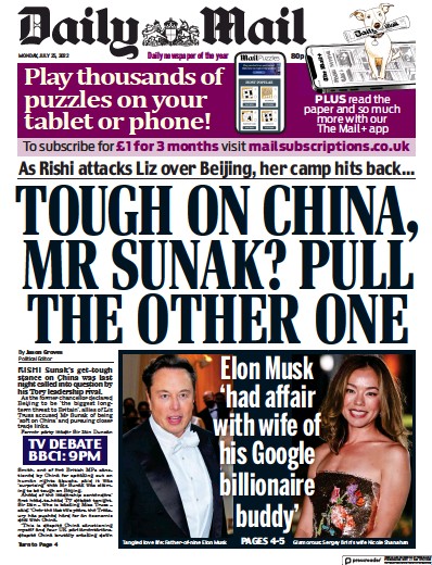 Daily Mail Newspaper Front Page (UK) for 25 July 2022