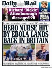Daily Mail (UK) Newspaper Front Page for 25 August 2014