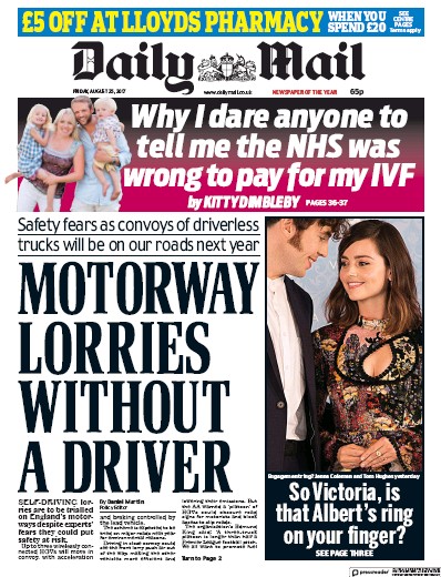 Daily Mail Newspaper Front Page (UK) for 25 August 2017