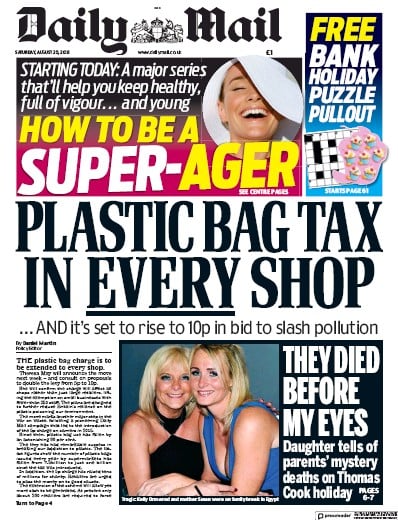 Daily Mail Newspaper Front Page (UK) for 25 August 2018