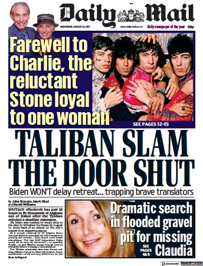 Daily Mail Newspaper Front Page (UK) for 25 August 2021