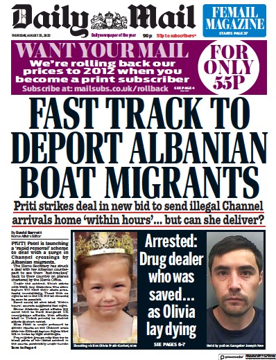 Daily Mail Newspaper Front Page (UK) for 25 August 2022