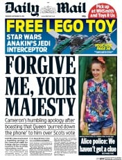 Daily Mail (UK) Newspaper Front Page for 25 September 2014