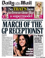 Daily Mail (UK) Newspaper Front Page for 25 September 2017
