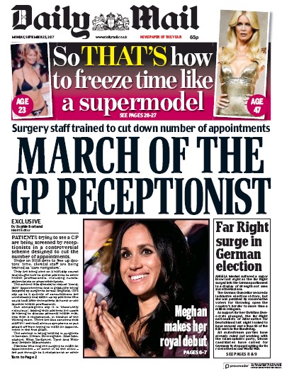 Daily Mail Newspaper Front Page (UK) for 25 September 2017
