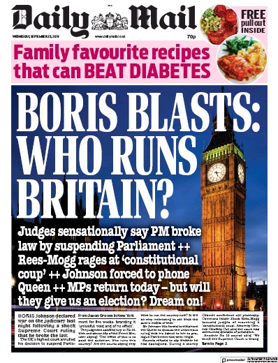 Daily Mail Newspaper Front Page (UK) for 25 September 2019