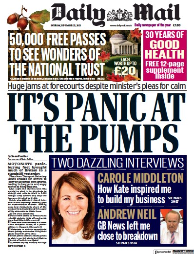 Daily Mail Newspaper Front Page (UK) for 25 September 2021