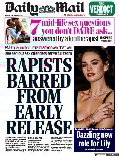 Daily Mail Newspaper Front Page (UK) for 25 September 2023