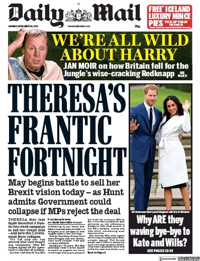 Daily Mail Newspaper Front Page (UK) for 26 November 2018