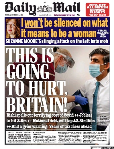 Daily Mail Newspaper Front Page (UK) for 26 November 2020