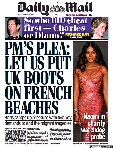 Daily Mail Newspaper Front Page (UK) for 26 November 2021